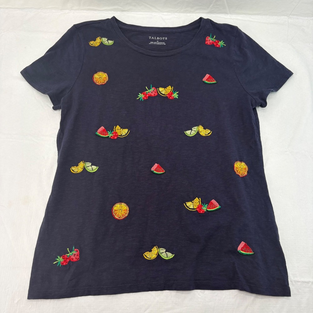 Talbots Womens Navy Blue Beaded Fruit Embroidered Cotton T-Shirt Size M